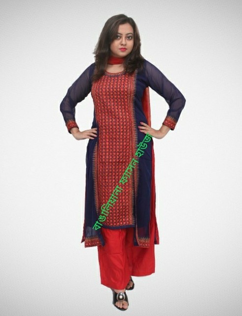 Navy Blue Color Embroidered Three Piece With Long Koti